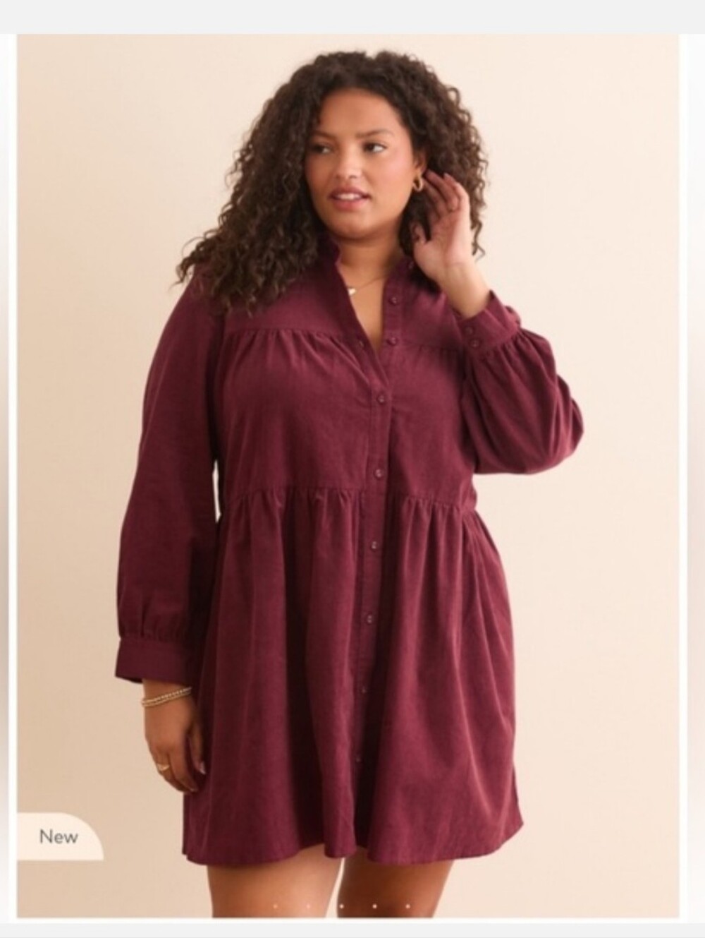 ARULA Burgundy Button-Front Long Sleeve Babydoll Dress